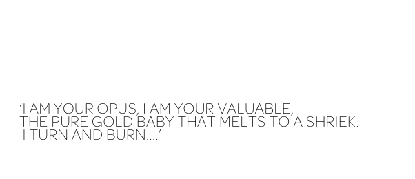 AFFICHE ROUGE
PURE GOLD BABY

‘I AM YOUR OPUS, I AM YOUR VALUABLE,  THE PURE GOLD BABY THAT MELTS TO A SHRIEK. 
 I TURN AND BURN....’

 AMERICA   |   THE TURBULENT SIXTIES
